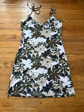 Tie-Shoulder Mini Slip Dress in Olive & Cream Floral